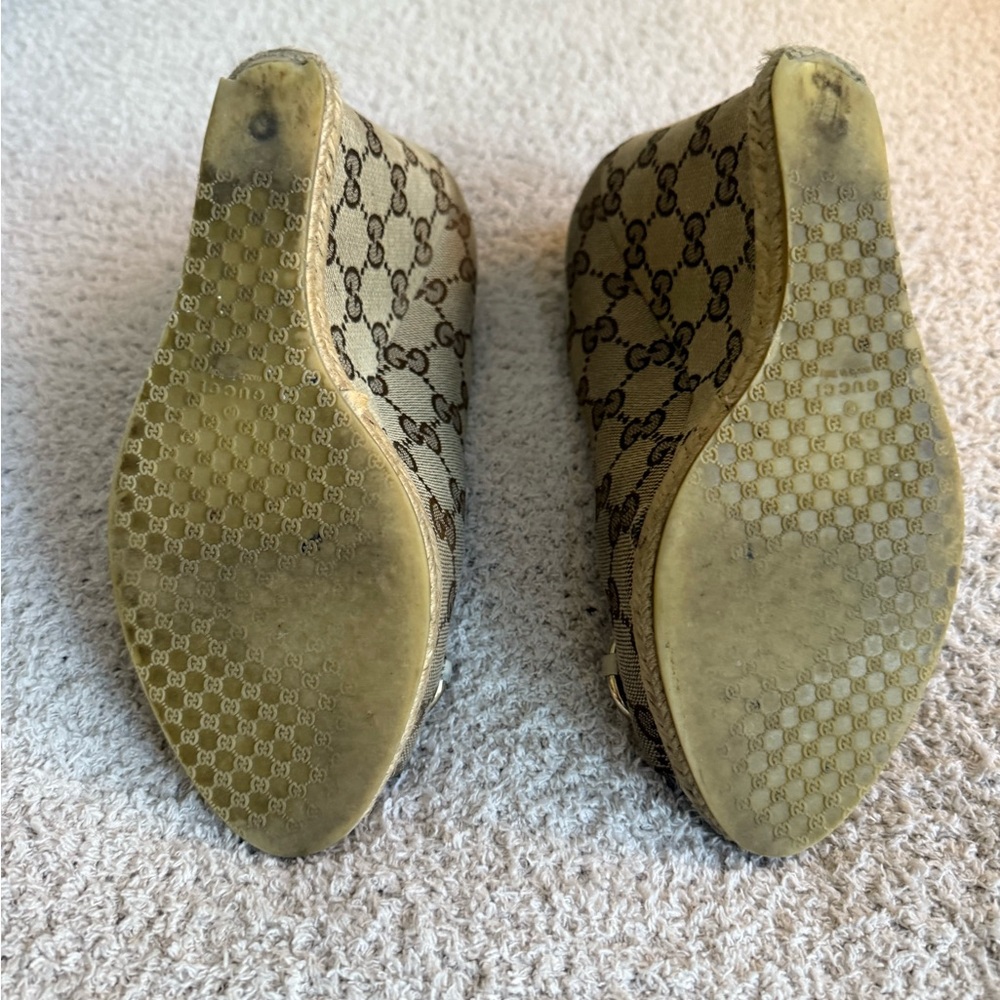 Gucci Brown Monogram Peep-Toe Wedge Espadrilles - Picture 10 of 12